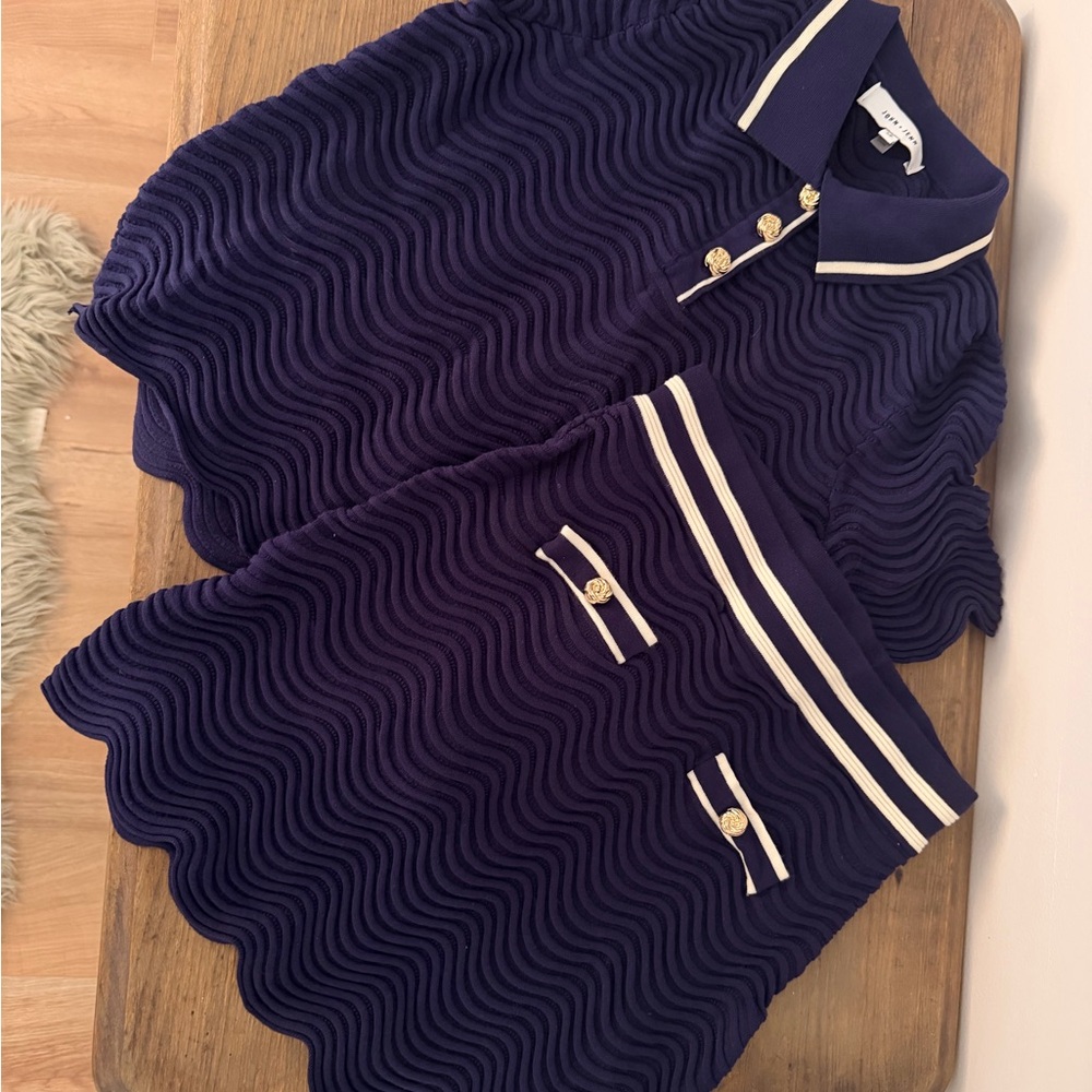 John + Jenn Navy Wave-Textured Mini Skirt  and Shirt coord set with Cream Trim